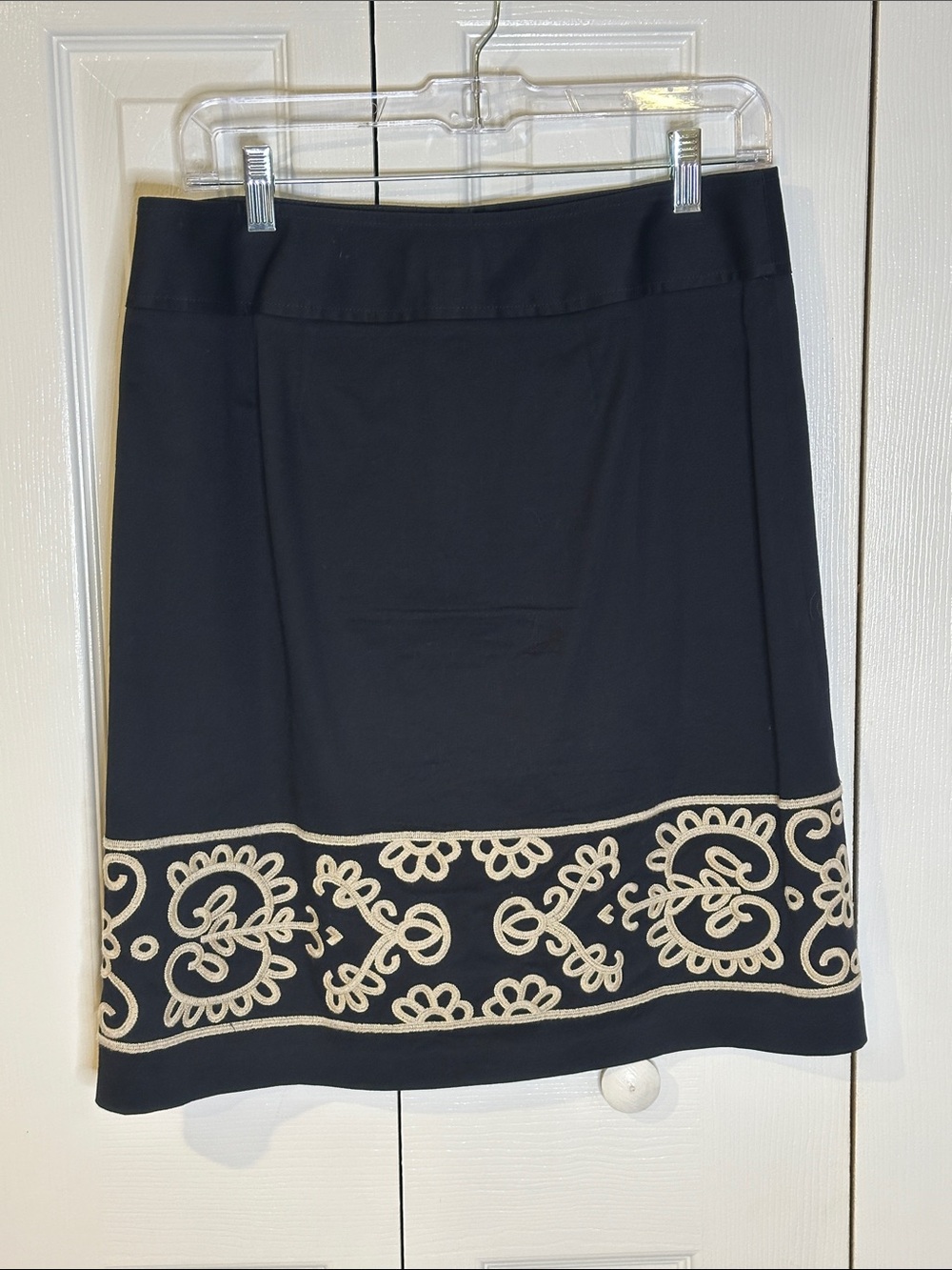 J. Crew Black Pencil Skirt with Cream/Tan Embroidered Hem | 6